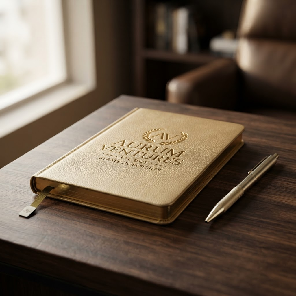Gold-toned leather notebook embossed with metallic gold text