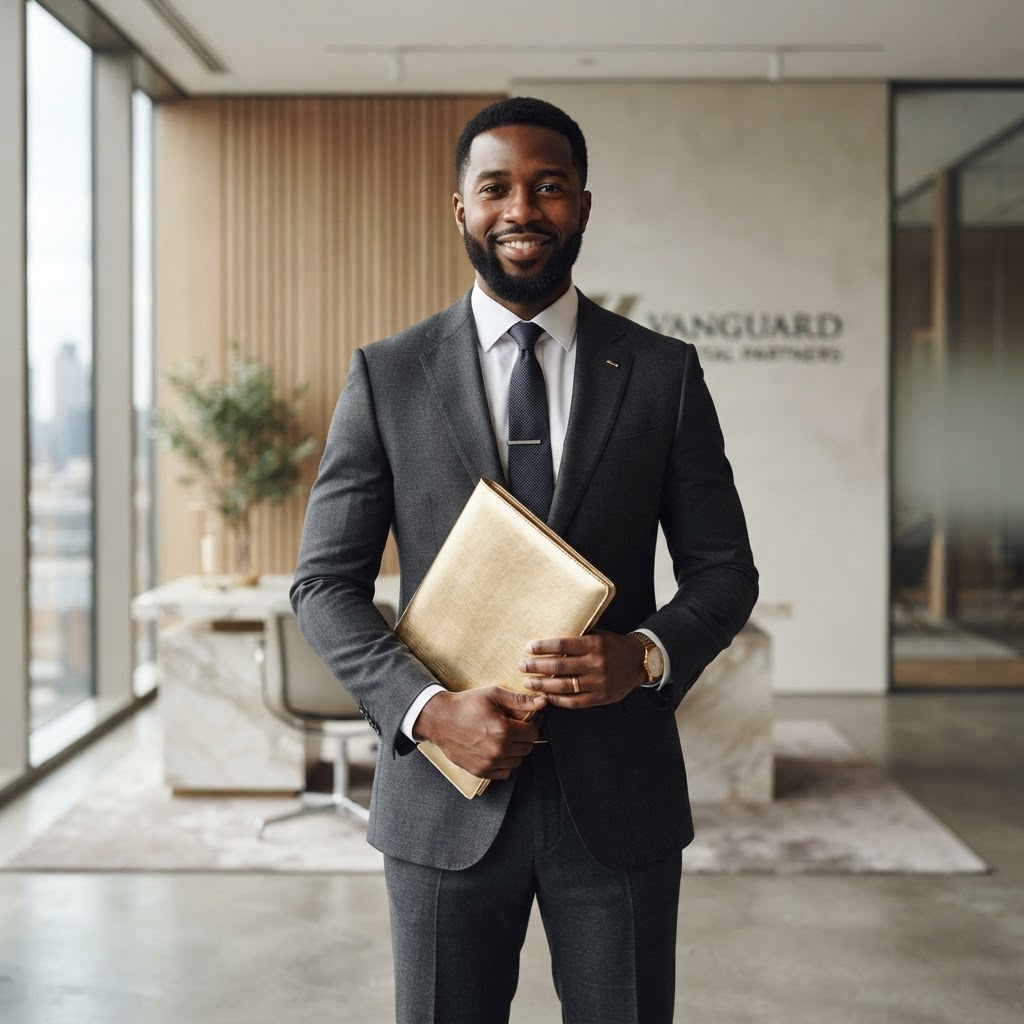 Professional man holding a striking gold portfolio in a modern office