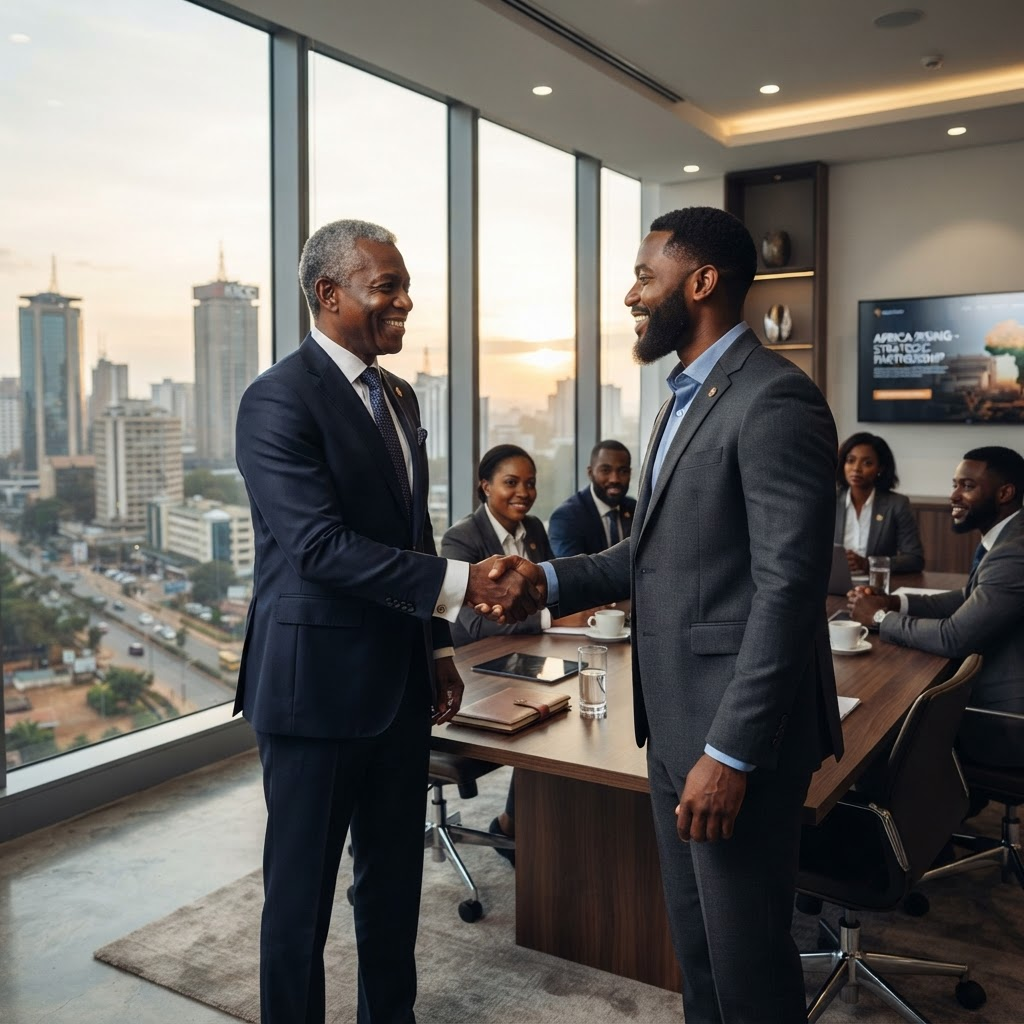 Professional meeting overlooking city skyline