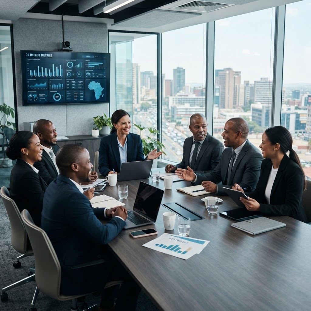 Professionals in a boardroom reviewing Q3 impact metrics and partnership ROI dashboards