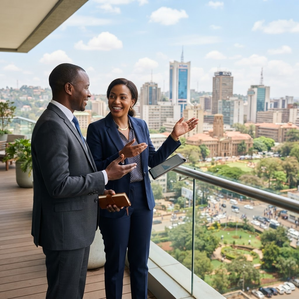 Professionals discussing sustainable growth on a balcony overlooking a cityscape